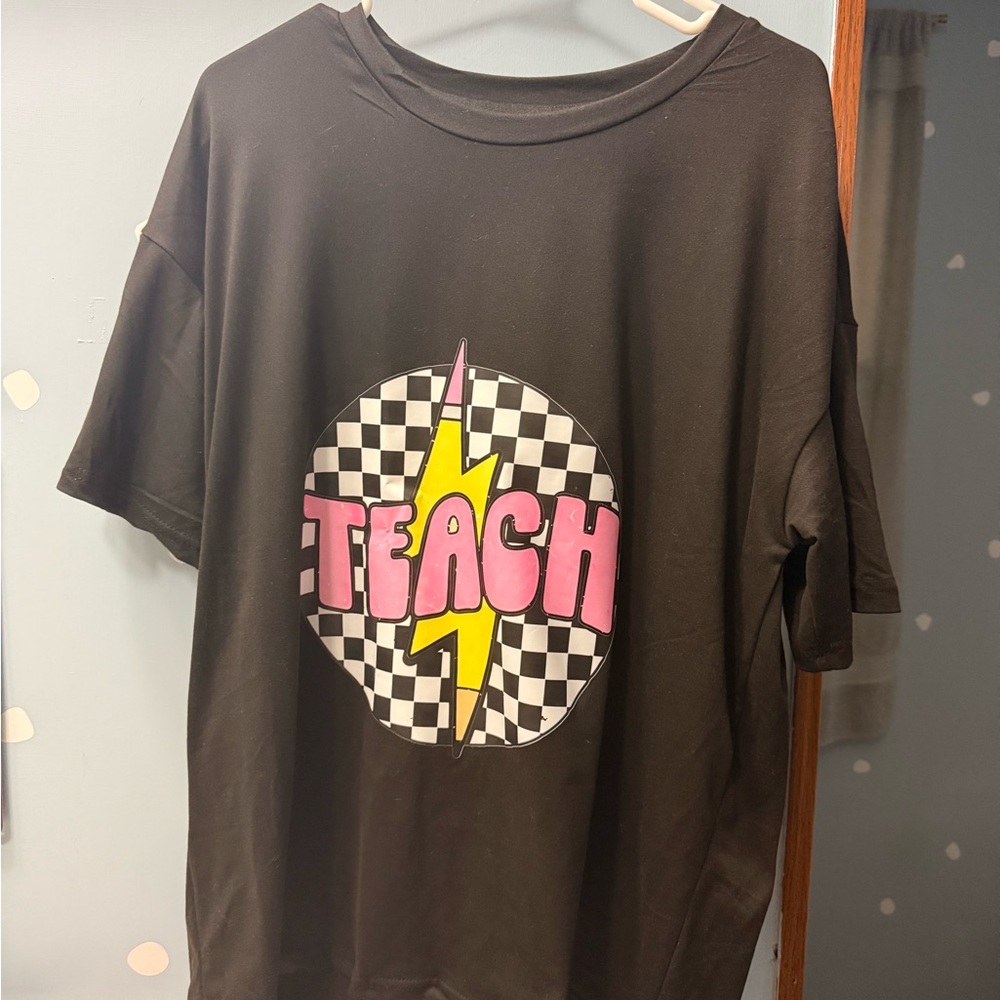 Women's Teacher  Black Graphic Tee with Pink and Yellow Design